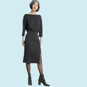 Anthropologie Dress Small Carbon Gray Knit Column Midi Boat Neck 3/4 Sleeves